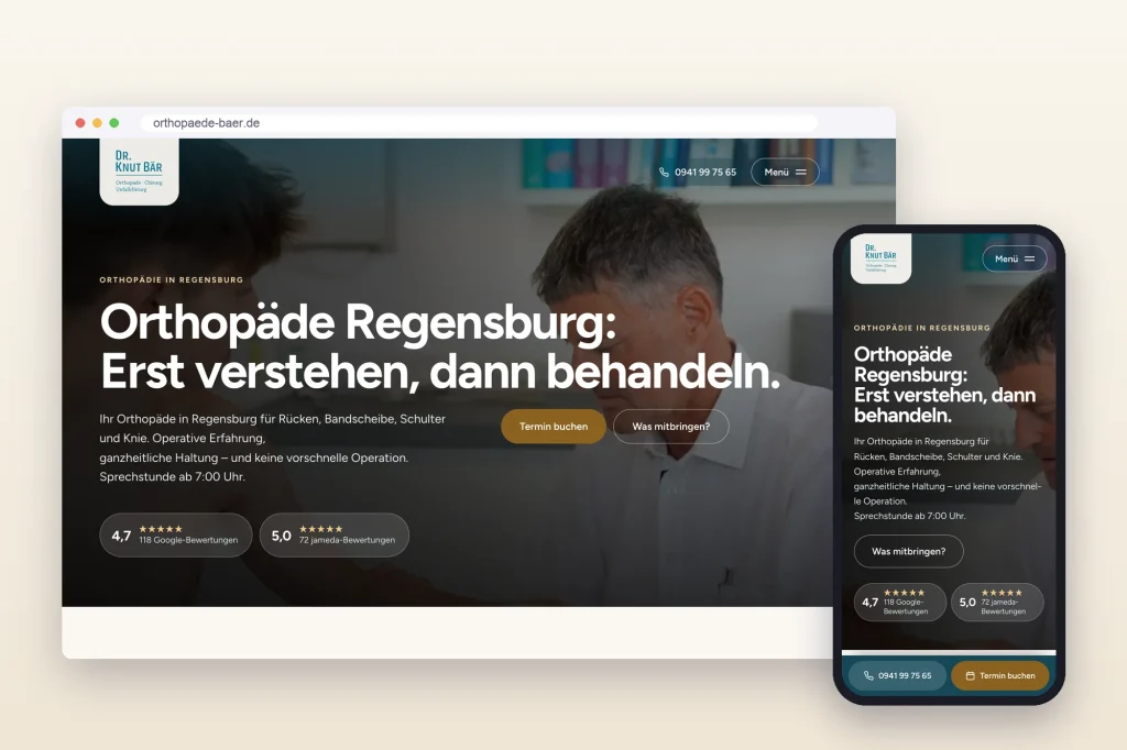 Website orthopaede-baer.de von Dr. Knut Bär, Orthopäde in Regensburg, auf Desktop und Smartphone