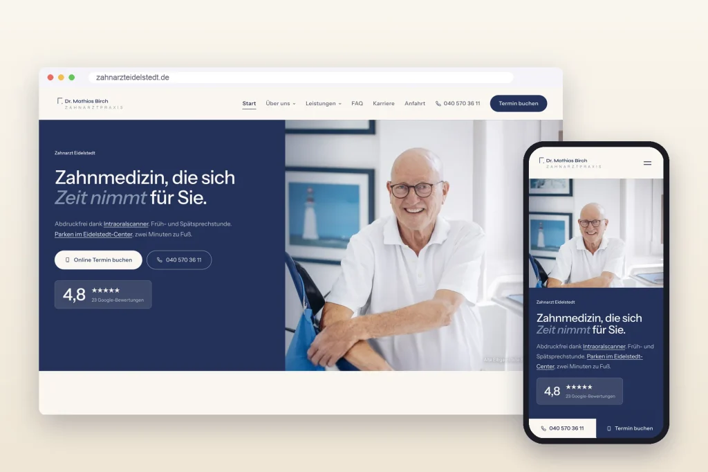 Website zahnarzteidelstedt.de der Zahnarztpraxis Dr. Mathias Birch in Hamburg-Eidelstedt auf Desktop und Smartphone