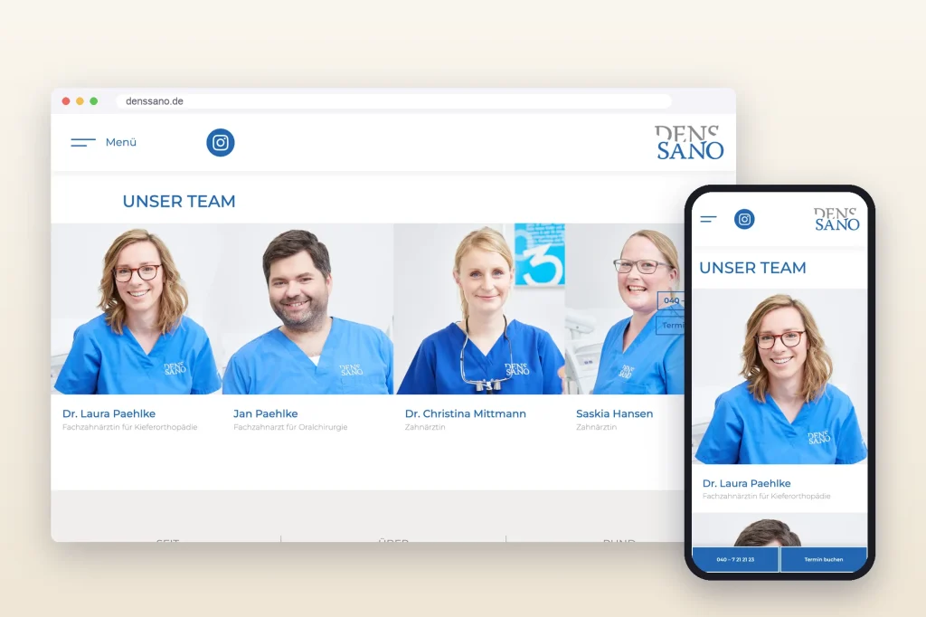 Abschnitt „Unser Team“ der Website denssano.de mit Porträts der Zahnärztinnen und Zahnärzte, auf Desktop und Smartphone