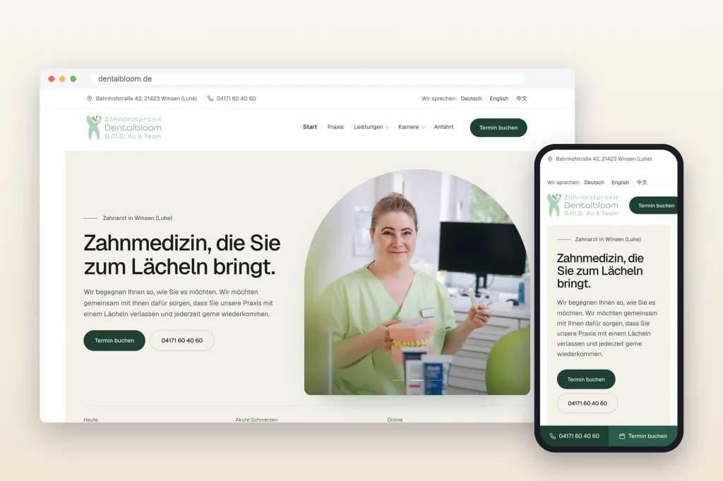 Website dentalbloom.de der Zahnarztpraxis Dentalbloom in Winsen (Luhe) auf Desktop und Smartphone