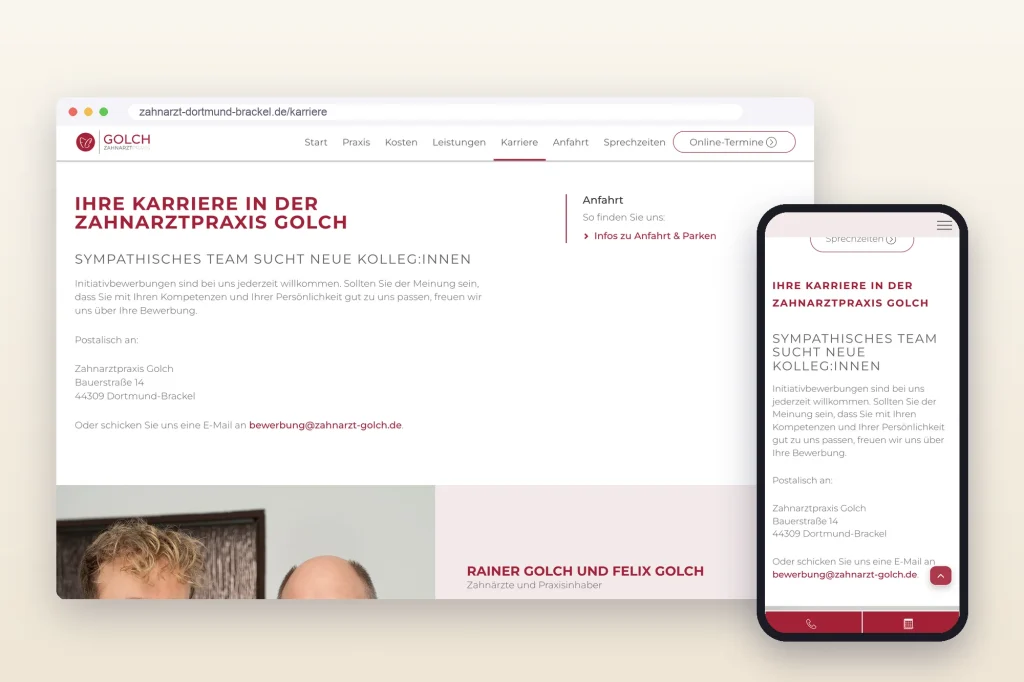 Karriereseite der Website zahnarzt-dortmund-brackel.de mit Aufruf zur Bewerbung, auf Desktop und Smartphone