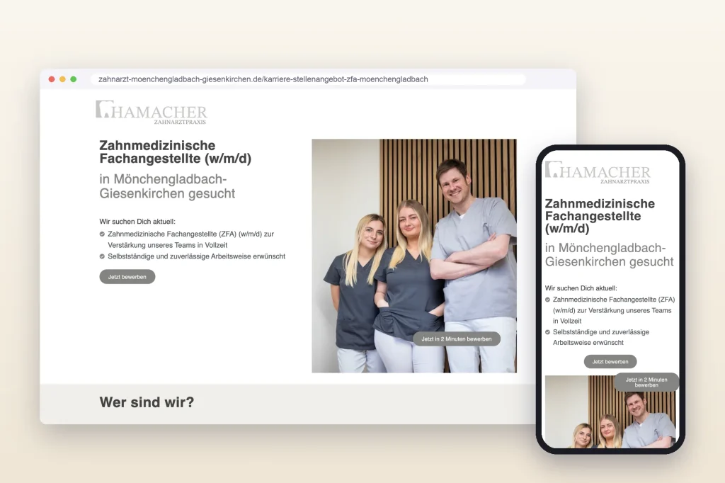 Karriereseite der Website zahnarzt-moenchengladbach-giesenkirchen.de mit Stellenanzeige und Teamfoto, auf Desktop und Smartphone