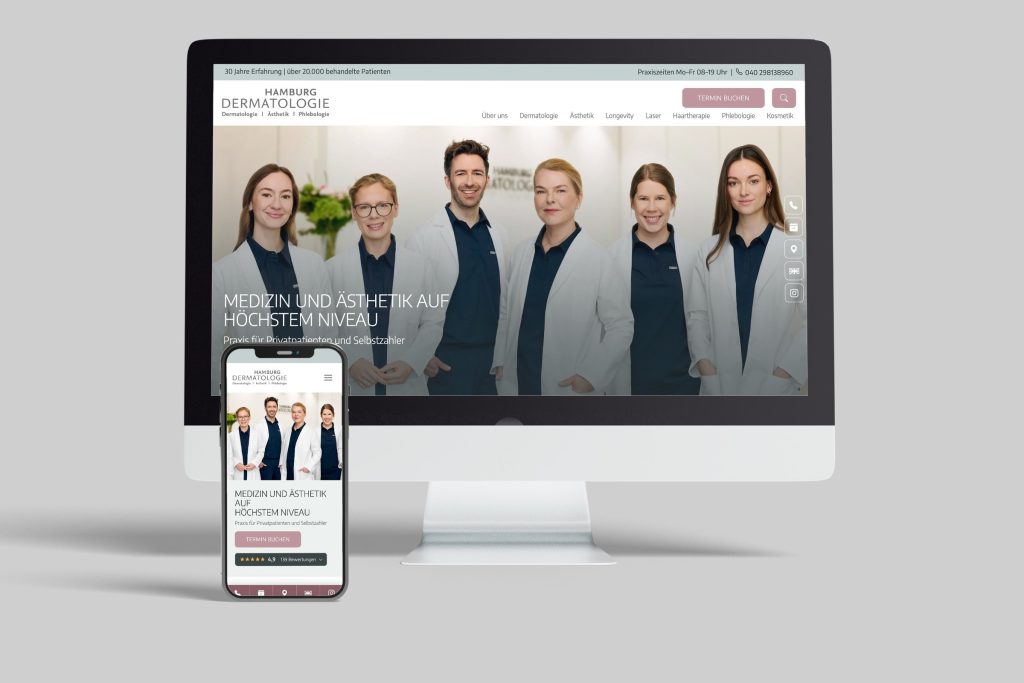 Website von Hamburg Dermatologie auf Monitor und Smartphone