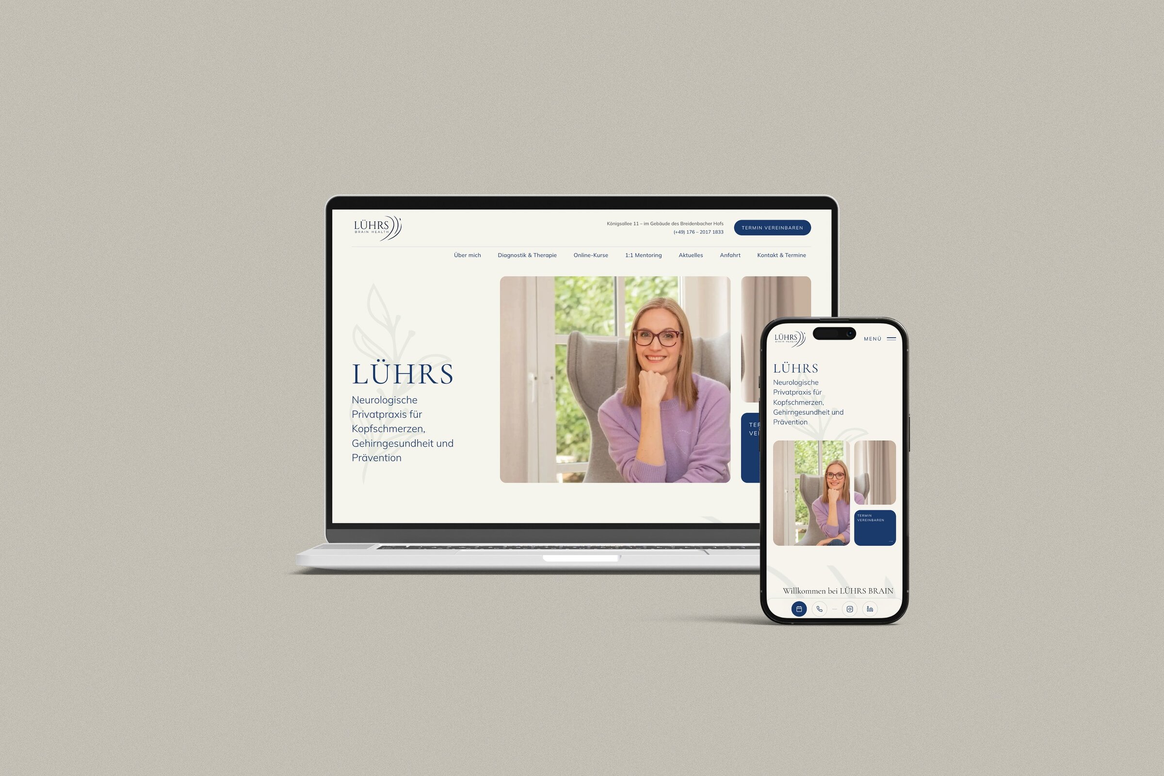 Website von LÜHRS BRAIN HEALTH, neurologische Privatpraxis in Düsseldorf, auf Laptop und Smartphone