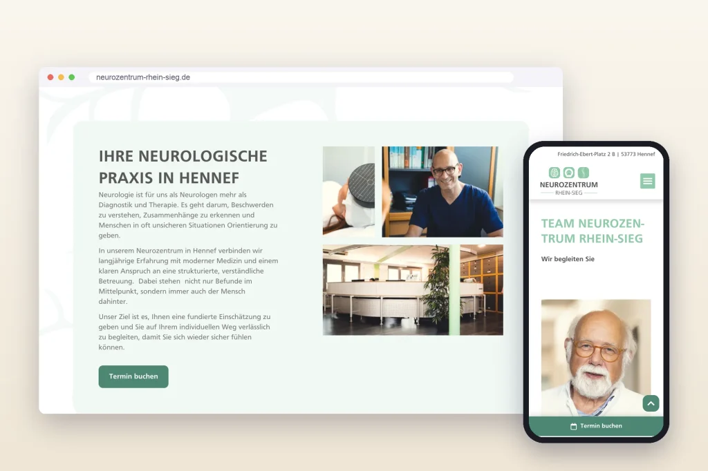 Website neurozentrum-rhein-sieg.de mit dem Abschnitt „Ihre neurologische Praxis in Hennef“ und Praxisfotos, auf Desktop und Smartphone
