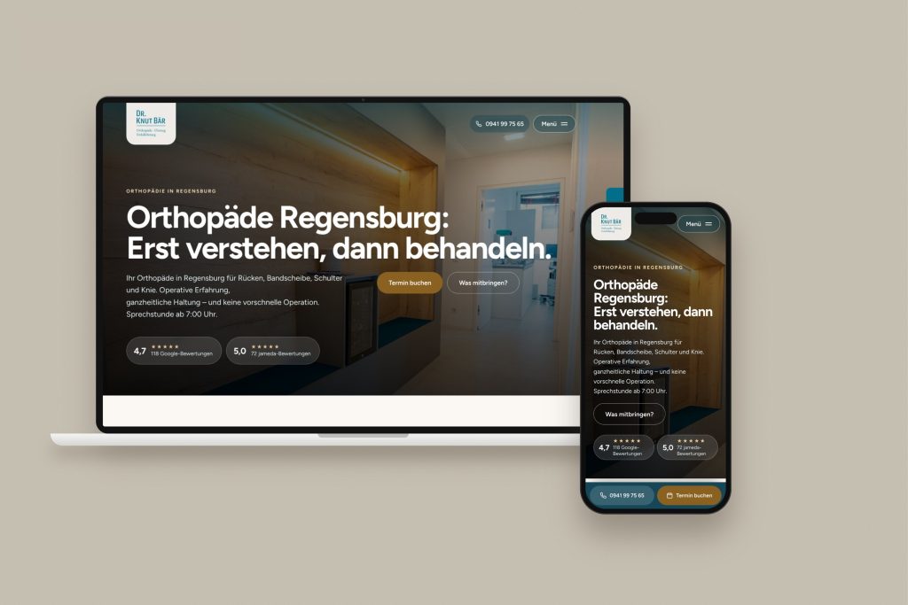 Website von Dr. Knut Bär, Orthopäde in Regensburg, auf Laptop und Smartphone