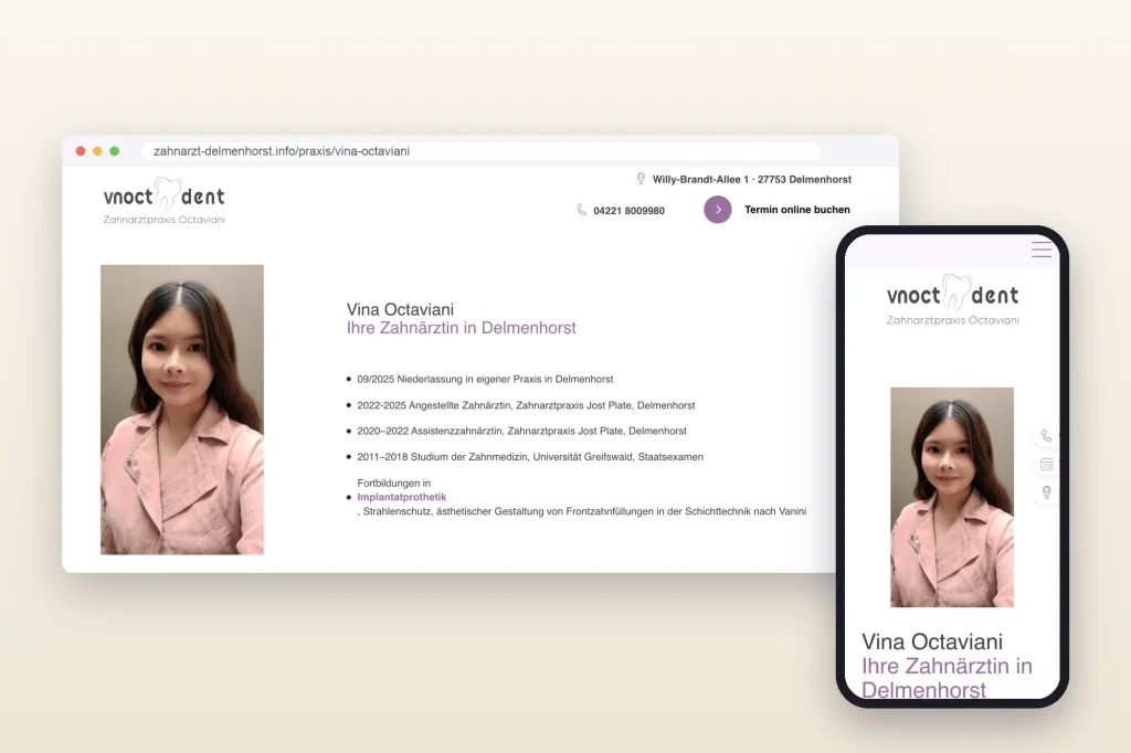 Seite von Zahnärztin Vina Octaviani auf der Website zahnarzt-delmenhorst.info, auf Desktop und Smartphone