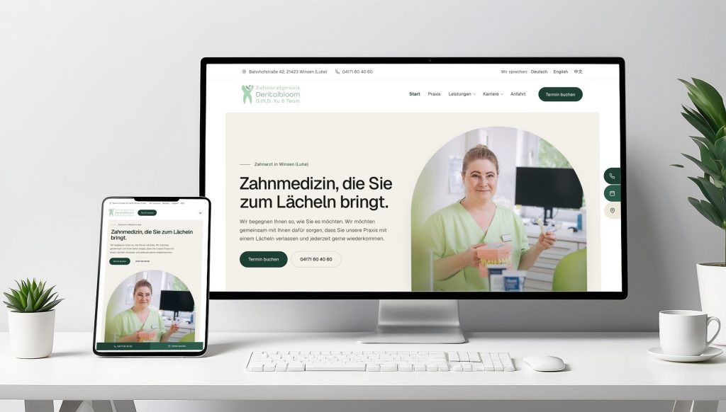 Website der Zahnarztpraxis Dentalbloom in Winsen auf Monitor und Tablet