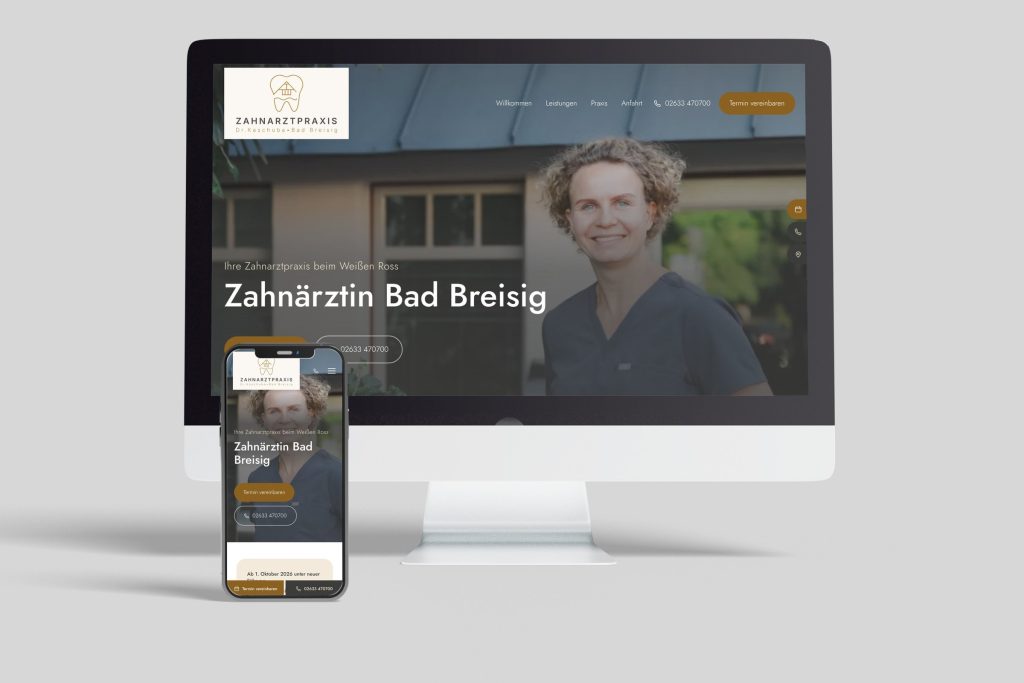 Website der Zahnarztpraxis Dr. Kaschuba in Bad Breisig auf Monitor und Smartphone