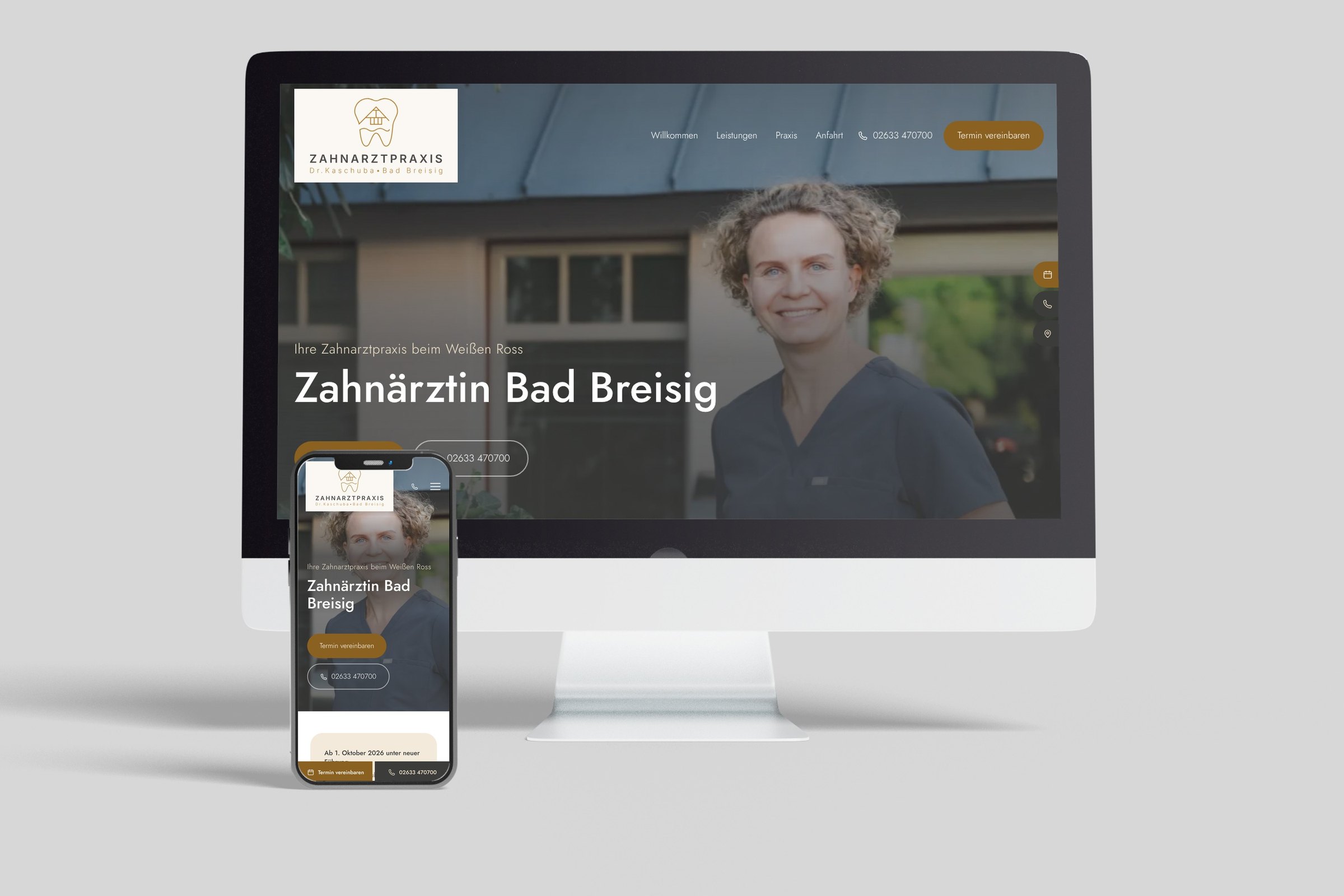 Website der Zahnarztpraxis Dr. Kaschuba in Bad Breisig auf Monitor und Smartphone
