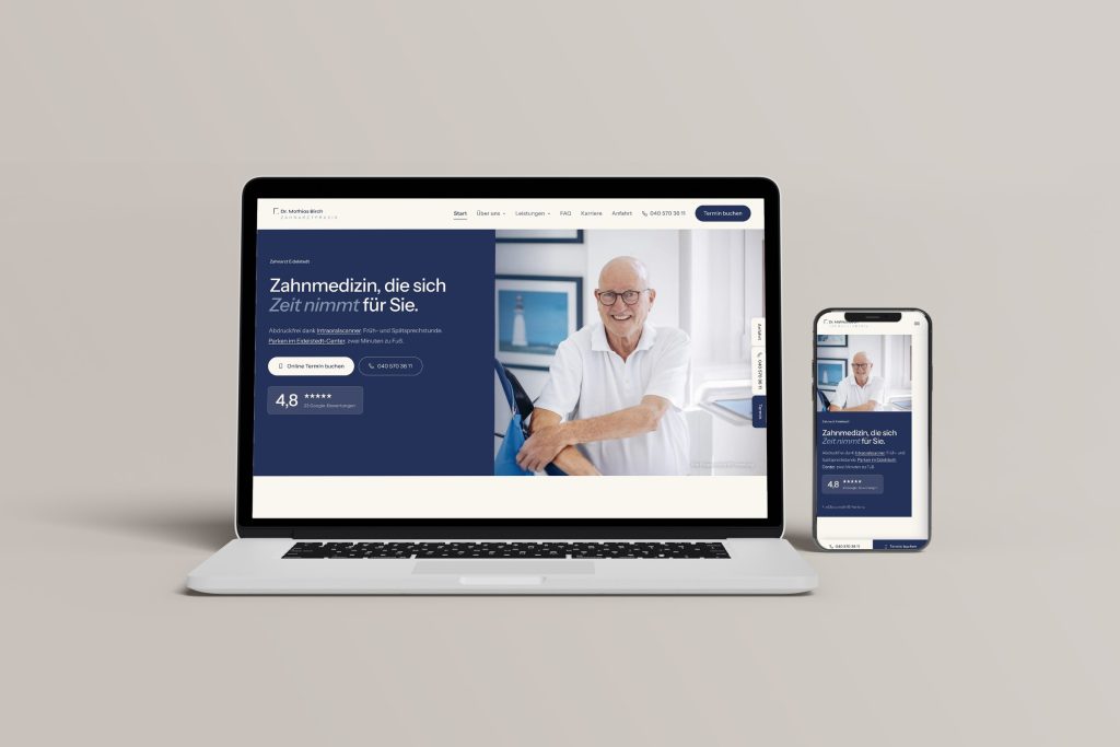 Website der Zahnarztpraxis Dr. Mathias Birch in Hamburg-Eidelstedt auf Laptop und Smartphone