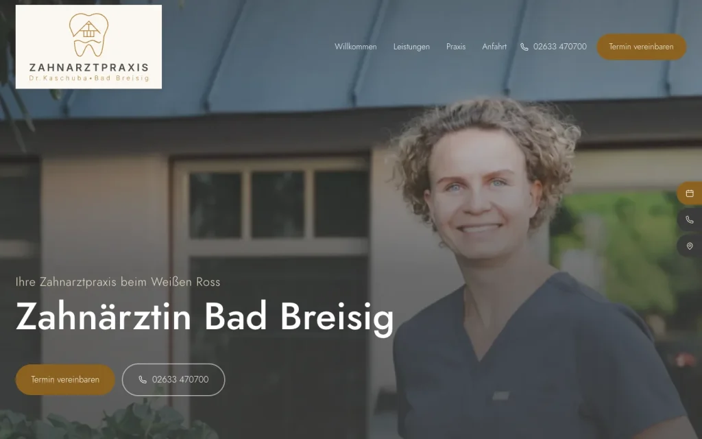 Startseite der Website zahnarzt-bad-breisig.de mit Logo der Zahnarztpraxis Dr. Kaschuba und der Zahnärztin vor der Praxis